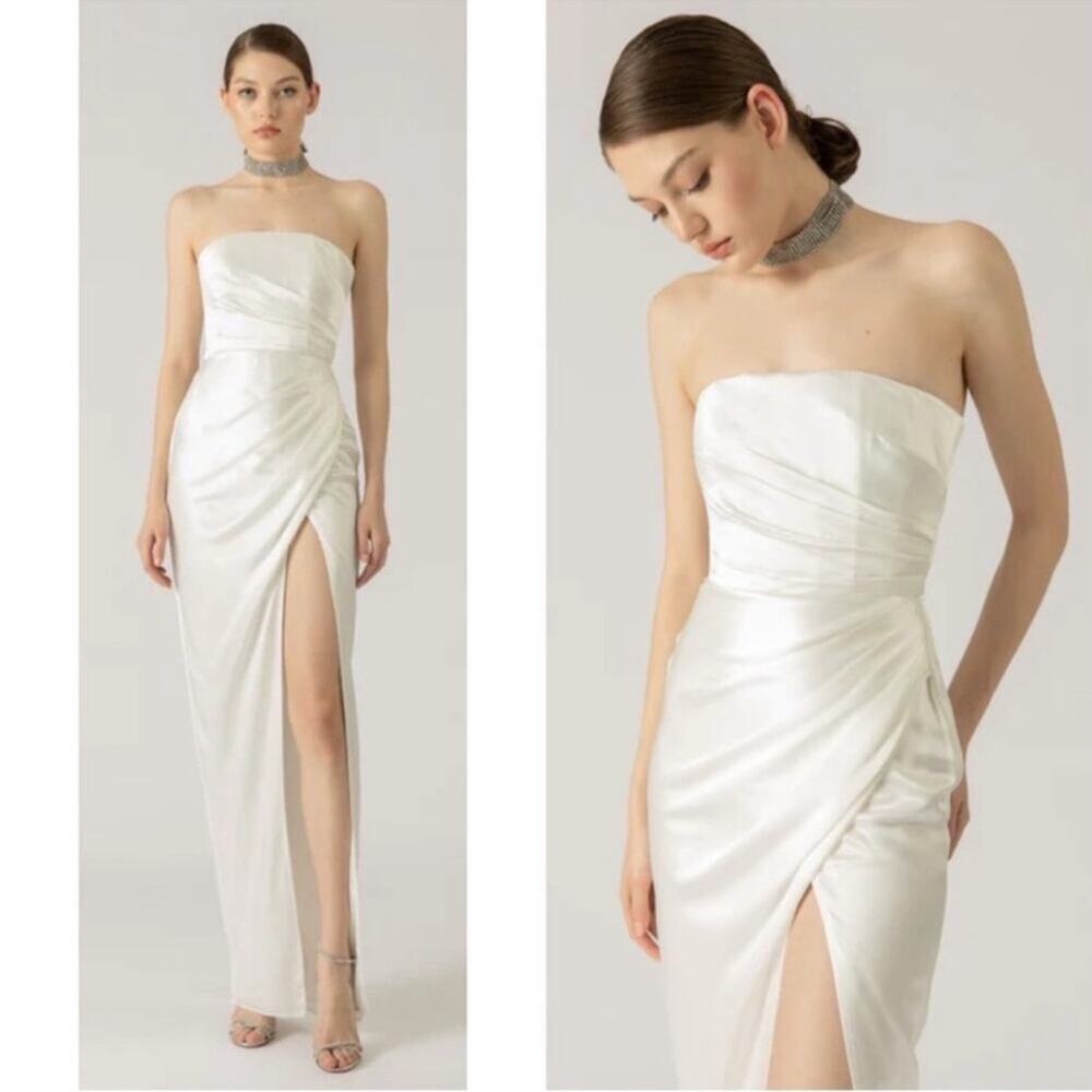 SAU LEE Priyanka Strapless Ruched Satin Ivory White Maxi Dress Size 2